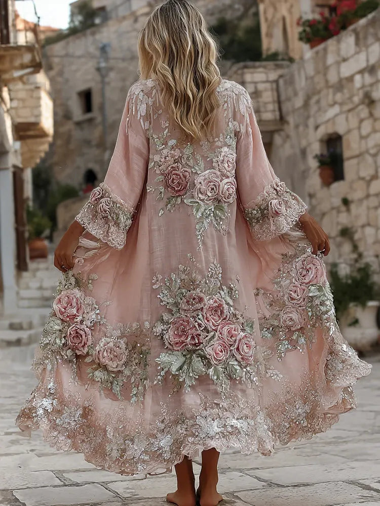 Women's Bohemian Pink Floral Embroidered Art Casual Linen Blend Long Cardigan