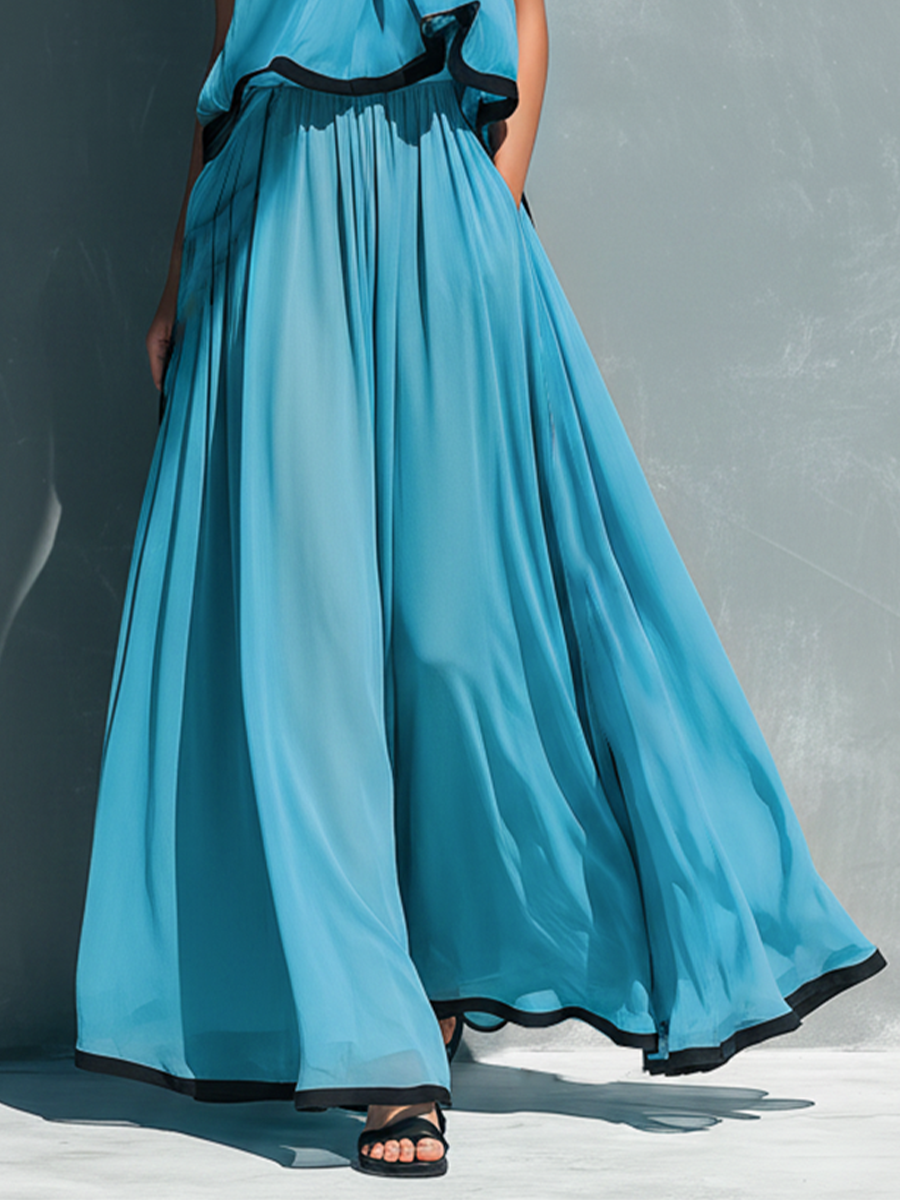 Women¡¯s Sky Blue Chiffon Halter Neck Ruched Contrast Trim Crop Cami Top And High-Waisted Chiffon Flared Trousers Set MDZ1399D9T