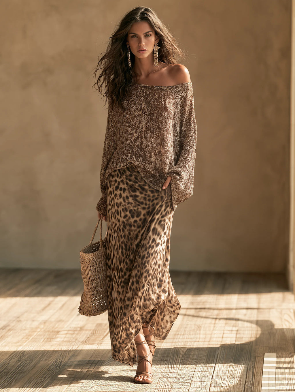 Effortless Chic Open-Knit Off-Shoulder Sweater & Leopard-Satin Brown Two-Piece Set