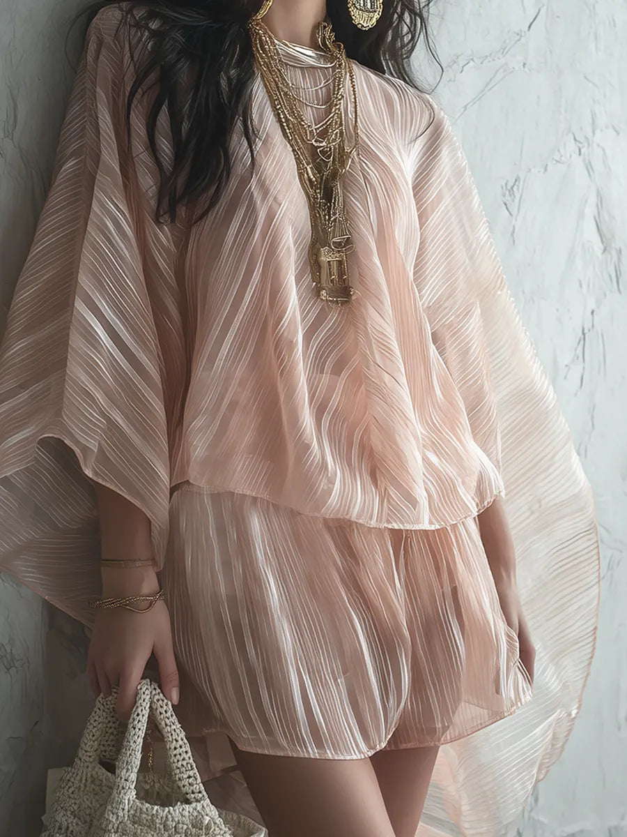 Soft Pink Tulle Batwing Sleeve Shorts Set