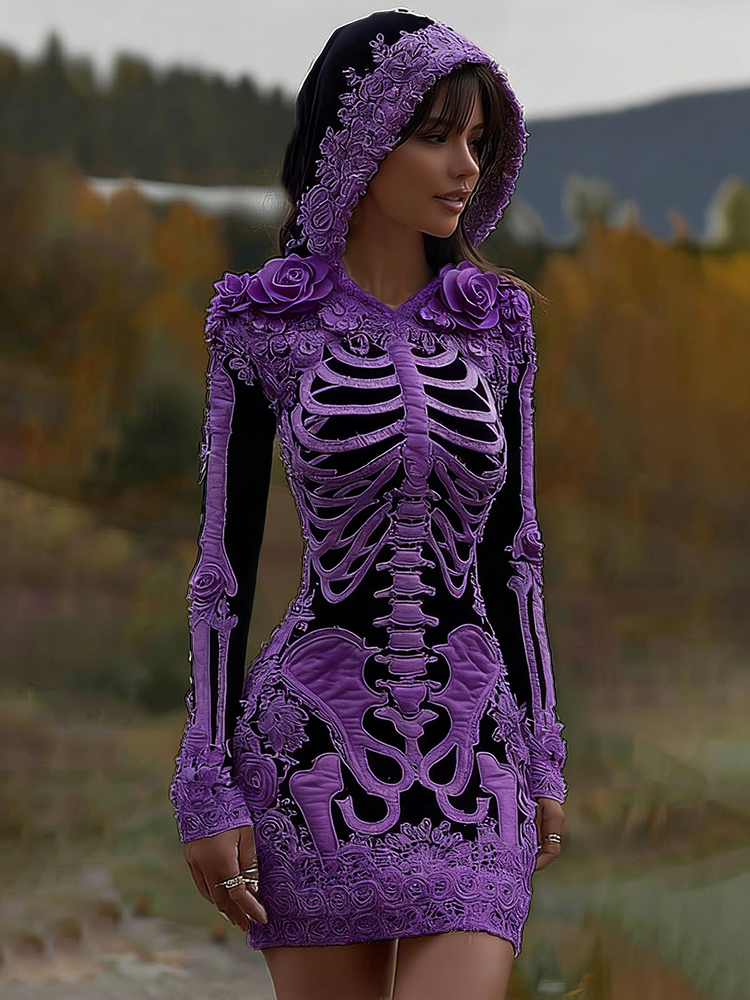 Women's Vintage Halloween Skeleton Bones With Rose Art Cozy Knit Hooded Sweater Dress