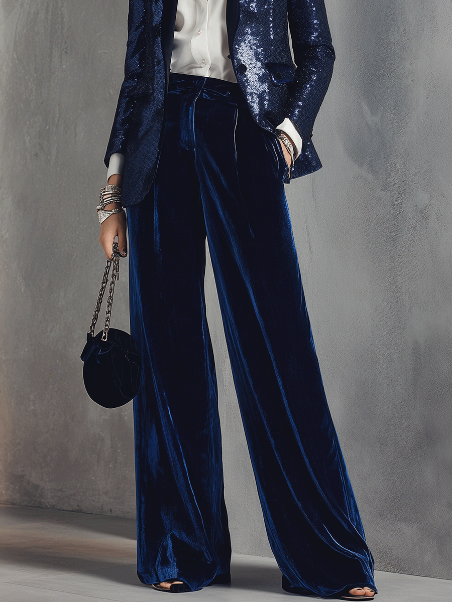 Sequin Blazer & Velvet Wide-Leg Pants Two-Piece Suit Set