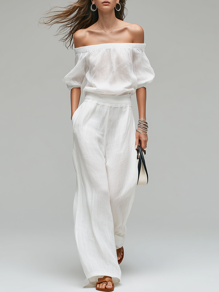 White Off-the-shoulder Linen Blend Top And Wide-leg Pants Set