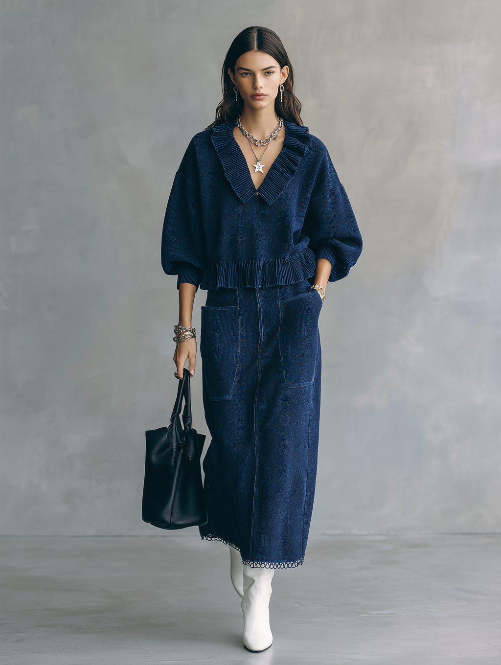 Effortless Ribbed Knit Oversized-Fit Indigo Fringe Co-Ord Set