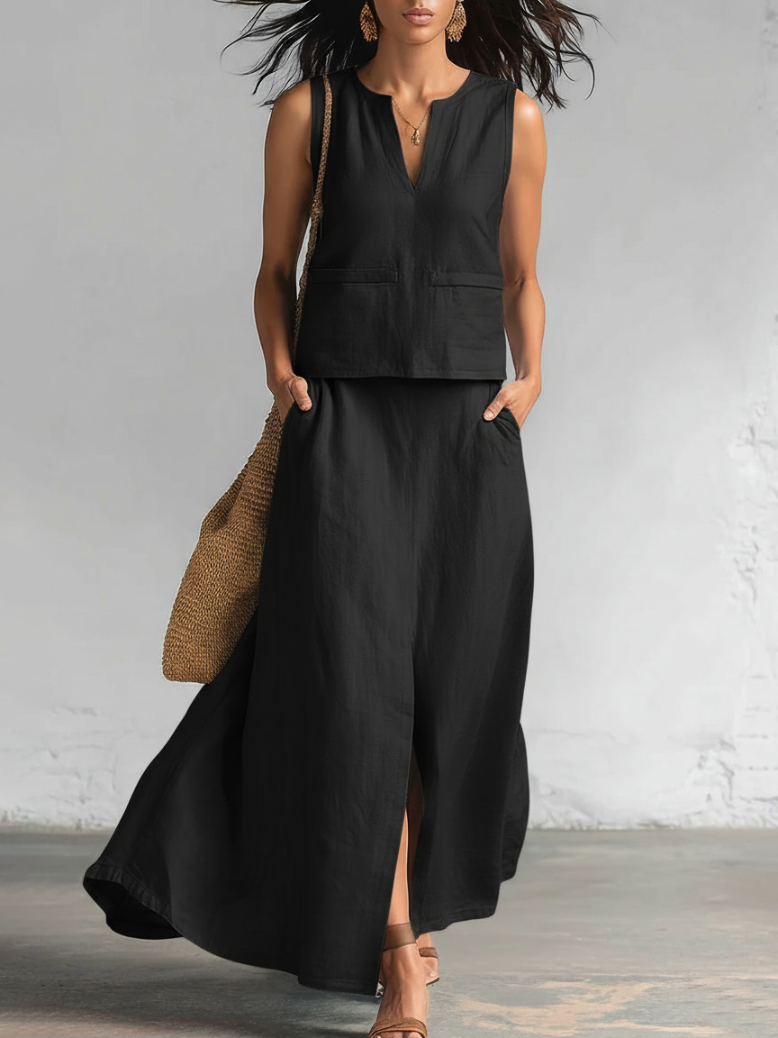 Minimalist And Elegant V-neck Top And Skirt Two-piece Set