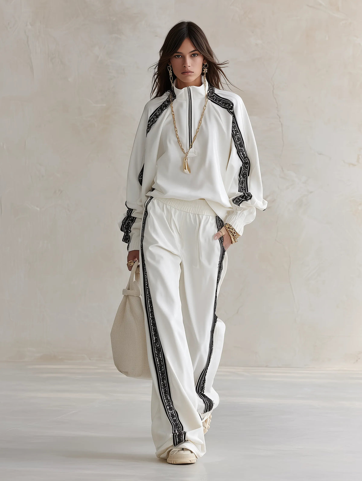 Sporty Chic Contrast Webbing Half-Zip Top & Wide-Leg Pants Co-Ord Set