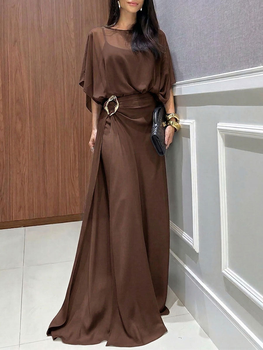 Women's Round-neck 3/4-sleeve Casual Loose Chiffon Top & High-waisted Wide-leg Pants Set