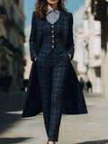 Navy Checkered Three-Piece Suit With Long Coat