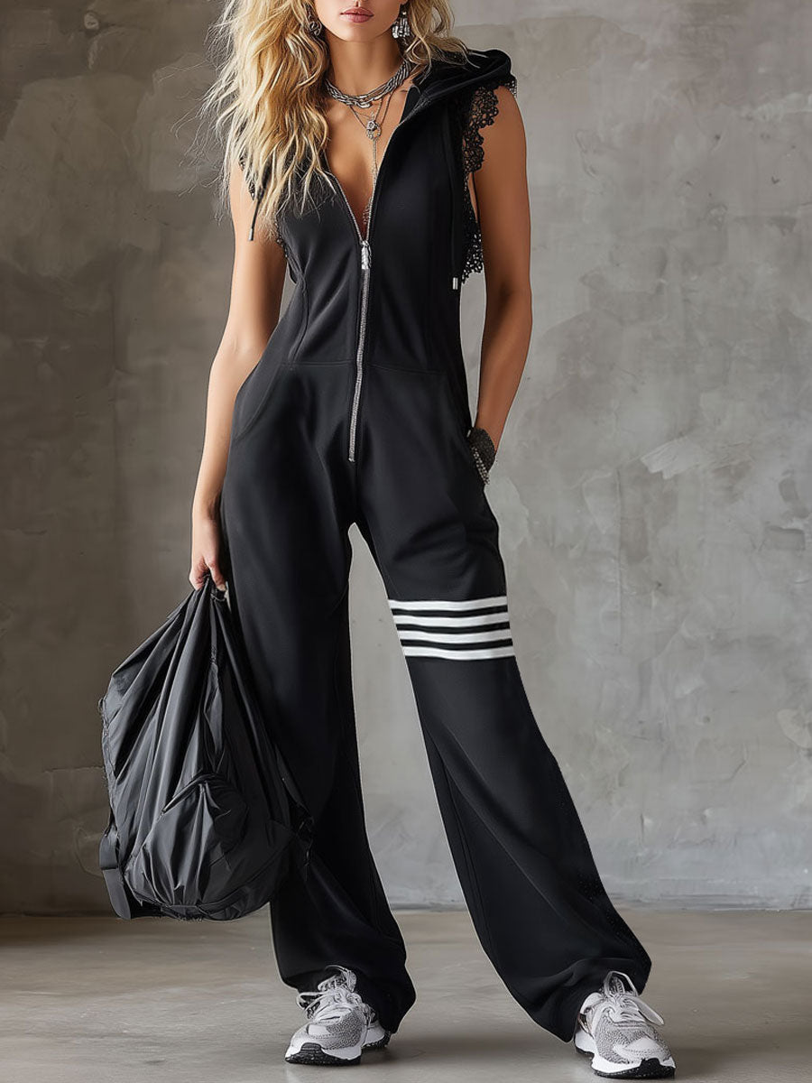 Sporty Retro Lace Striped Black Sleeveless Hooded Jumpsuit