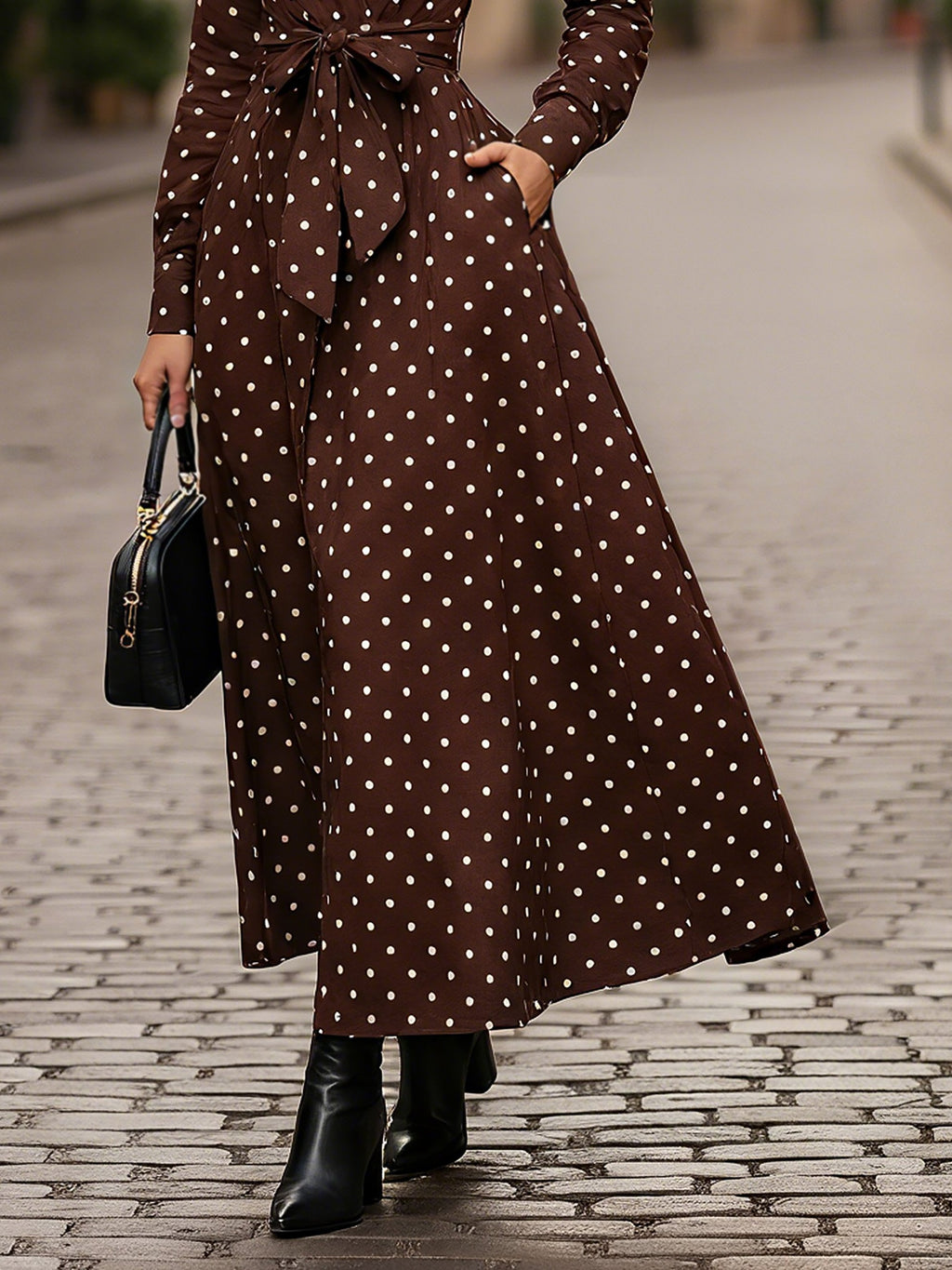 Maxi Linen Dress, Long Sleeves, V Neck, Polka Dots, Belt Design, French Vintage, Coffee
