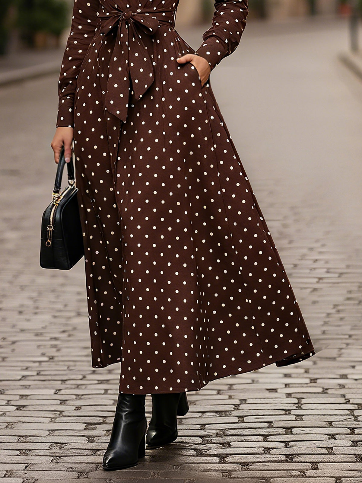 Maxi Linen Dress, Long Sleeves, V Neck, Polka Dots, Belt Design, French Vintage, Coffee