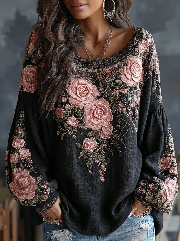 Women's Vintage Spring Floral Embroidered Art Print Flowy Linen Blend Long Sleeve Tops