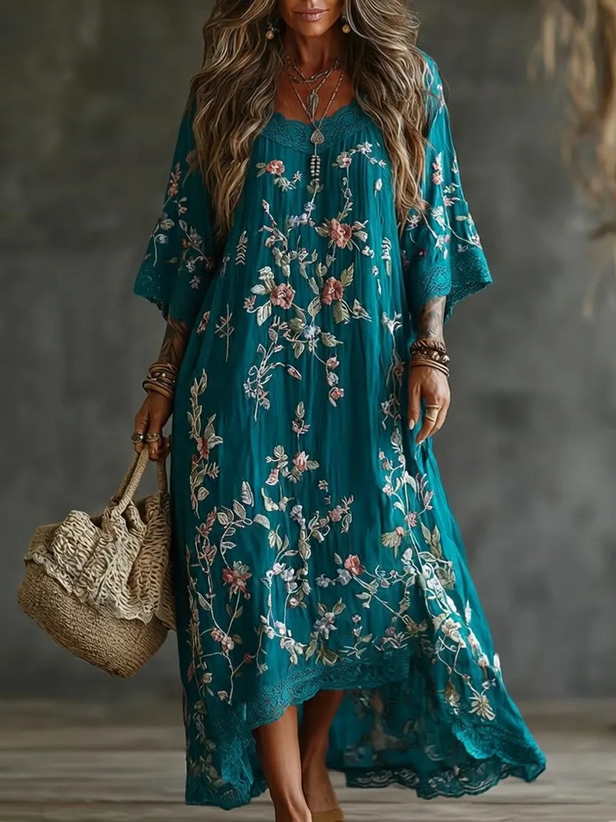 Women's Bohemian Floral Embroidered Printed Maxi Dress