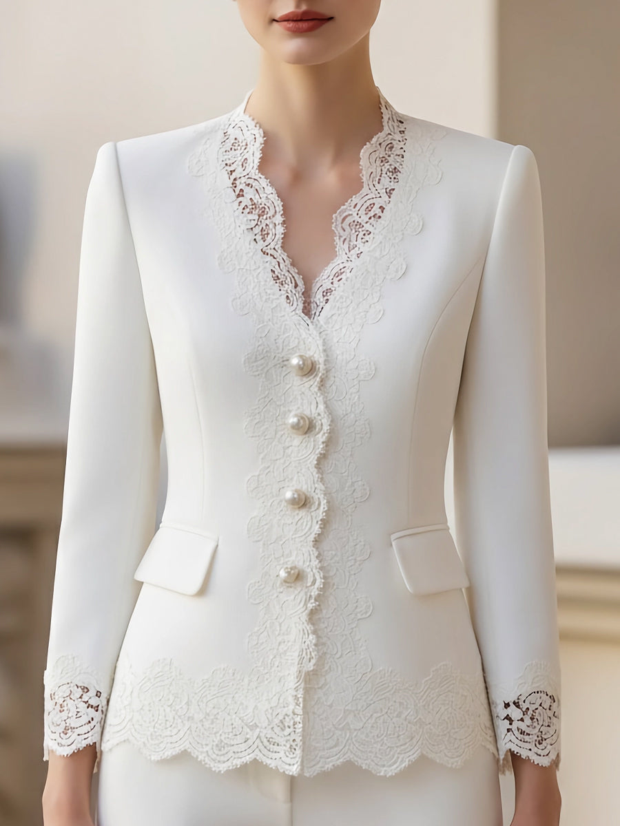 Pearl Button Lace-Trimmed Blazer