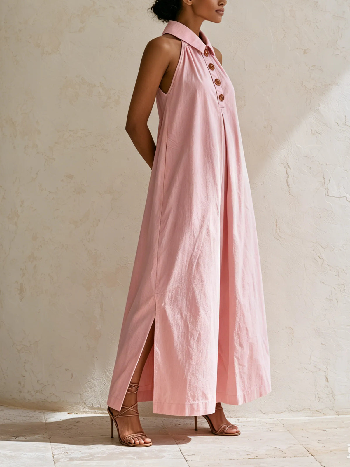 Pink Halter Collar Linen Blend Maxi Dress