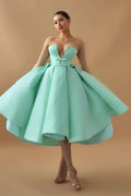 Cocoslly Chic Deep V Neck Strapless Sleeveless A-Line Homecoming Dress With Ruffles And Bow-knot | Mint Green Satin HC0078