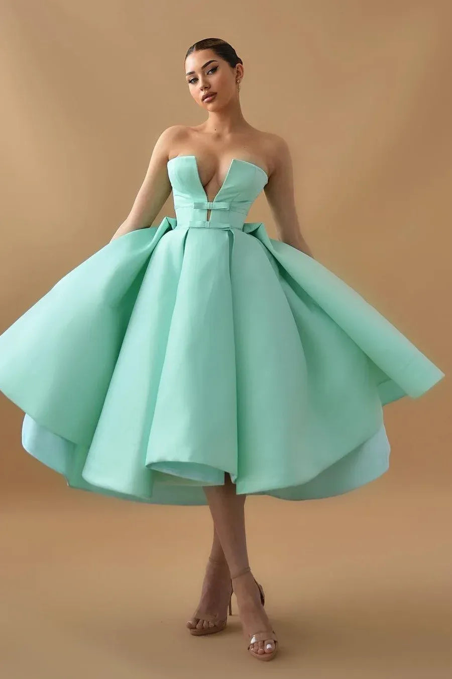 Cocoslly Chic Deep V Neck Strapless Sleeveless A-Line Homecoming Dress With Ruffles And Bow-knot | Mint Green Satin HC0078
