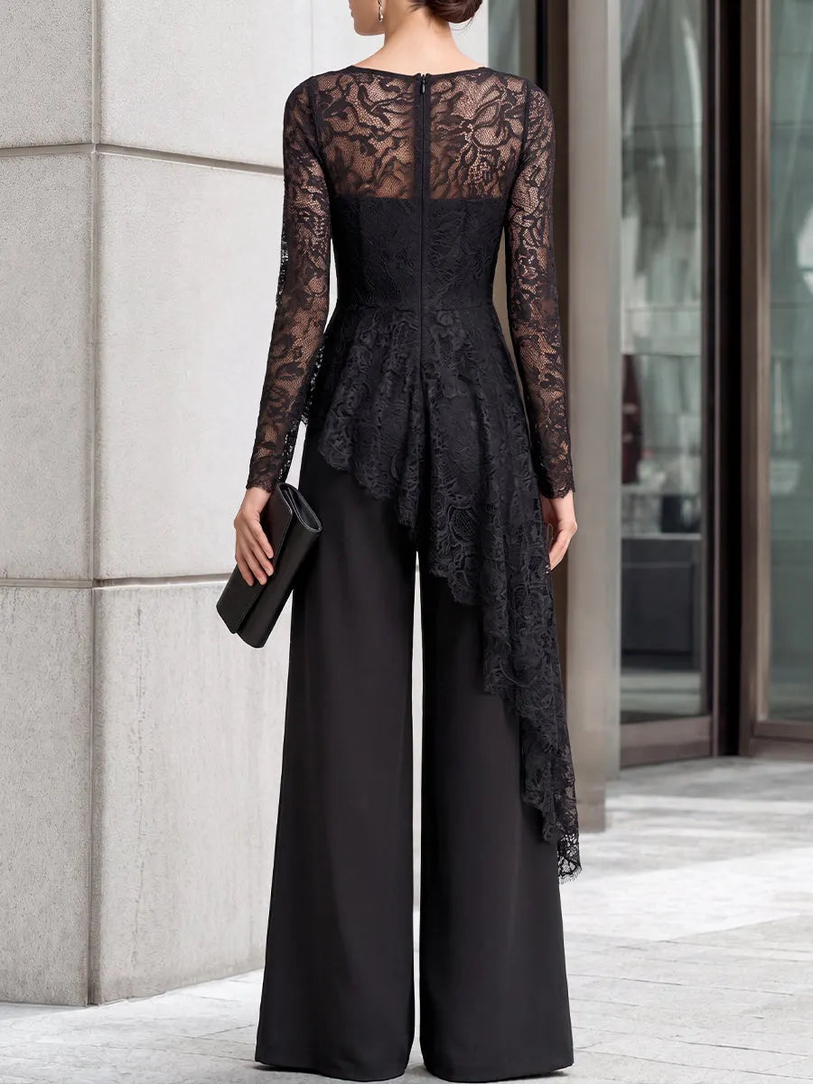 Lace Overlay Asymmetric Wide-Leg Jumpsuit