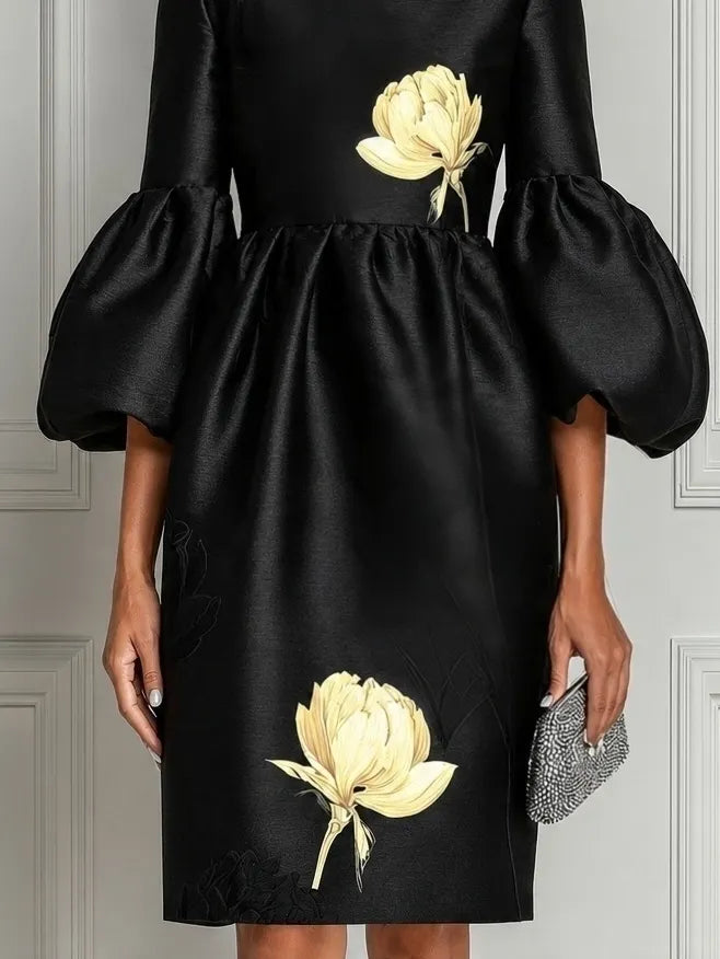 Black Satin Bubble Sleeve Mini Dress Round Neck Yellow Floral Print High Waist Formal Party Dress