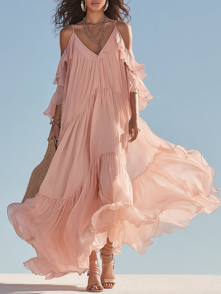 Dreamy Blush Pink Cold-Shoulder Chiffon Maxi Dress
