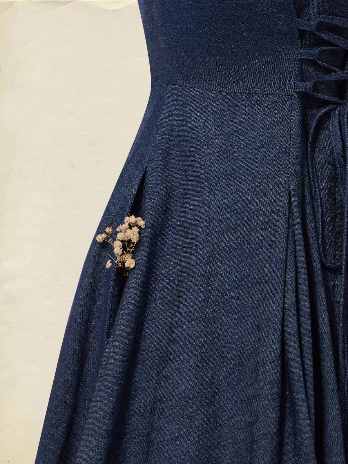 Maxi Linen Denim Dress, Short Sleeves, Sweetheart Neckline, Plain, Lace, Vintage, Blue