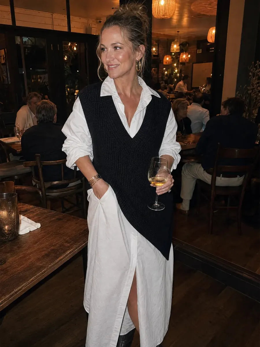 Casual Knitted Vest Layered Over A Shirt Dress