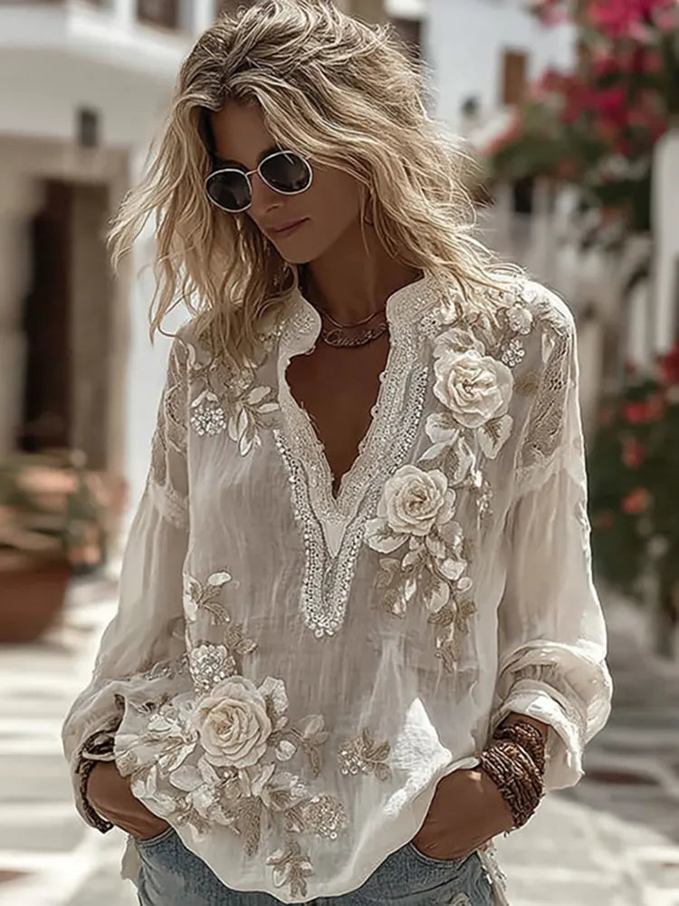 Women's Vintage Floral Embroidery Art Comfy Linen Shirts
