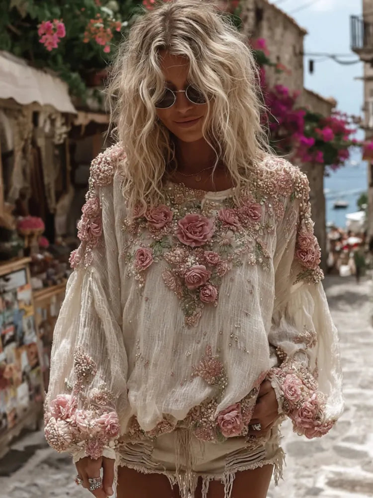Women's Vintage Pink Rose Embroidery Casual Crew Neck Shirt