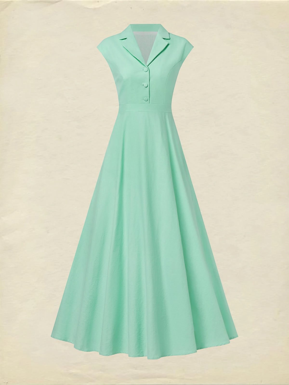 Maxi Cotton Dress , Cap Sleeves, Shawl Collar, Plain, Button Design, Vintage,  Light Green