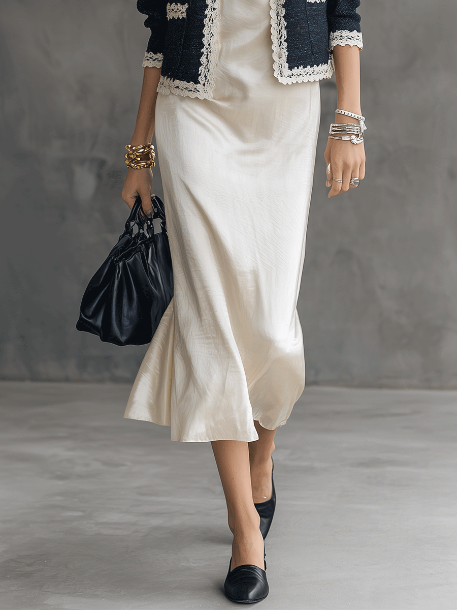 Tweed Lace-Trim Cropped Jacket & Satin Slip Dress Two-Piece Set