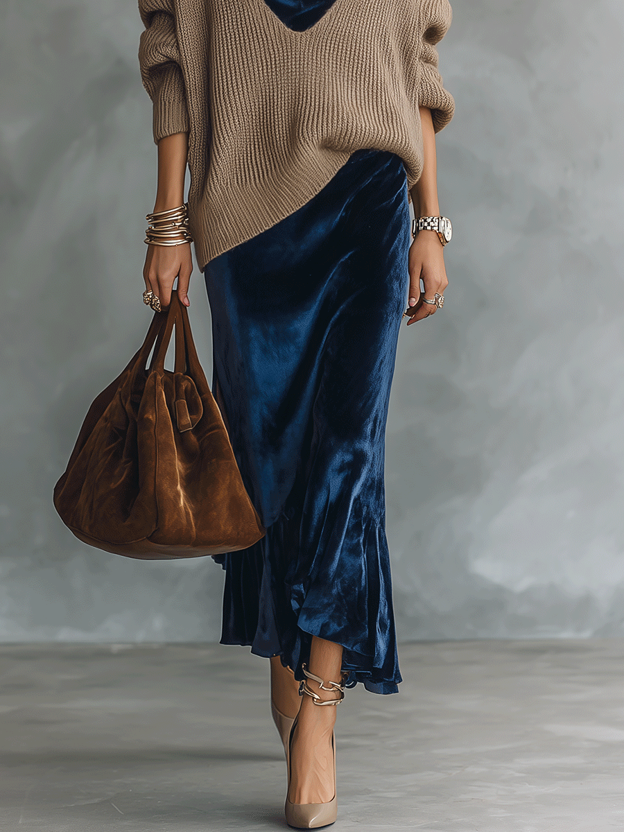Layered Velvet Cowl Neck Slip Dress with Oversized Knit Sweater Set