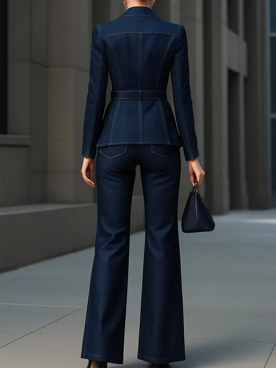 Tailored Dark Denim Blazer & Flare Pants Set