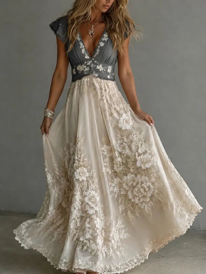 Women's Boho Floral Embroidered Lace Printed Maxi Dress
