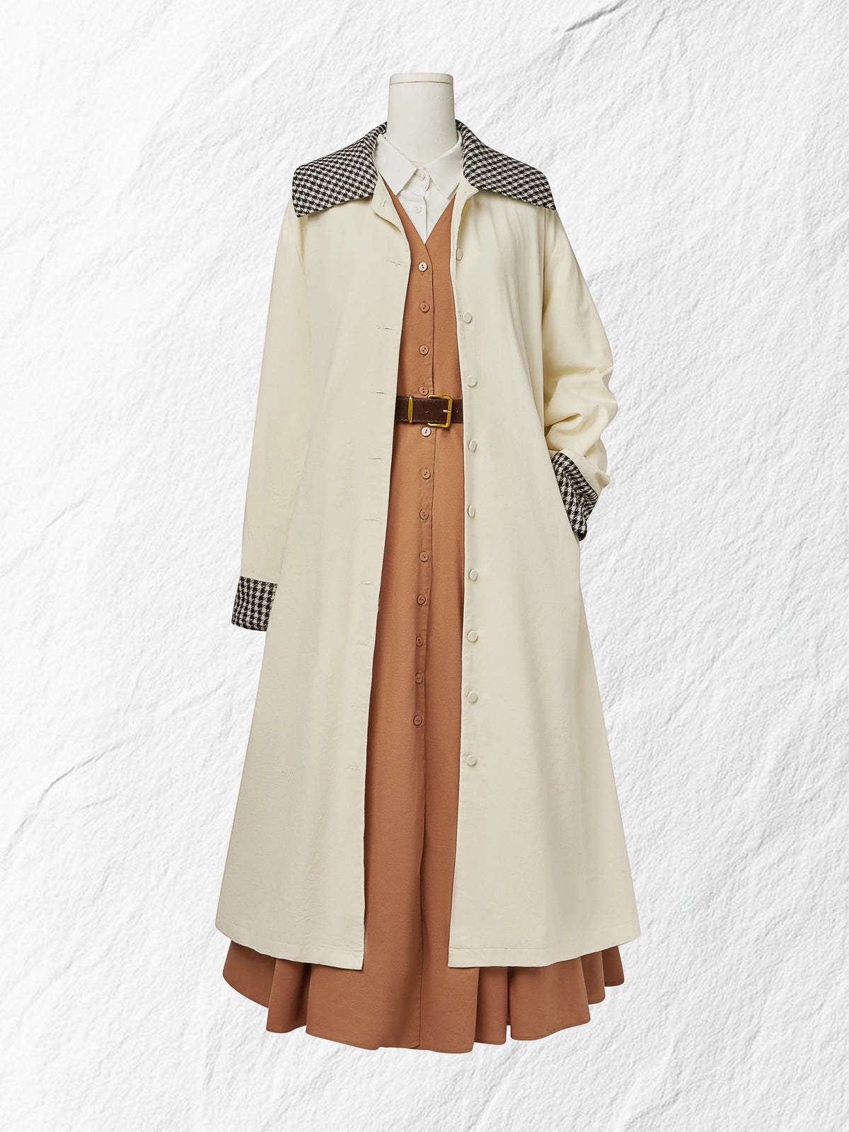Cotton Trench Coat, Long Sleeves, Shawl Collar, Plain, Button Design, Vintage, Apricot