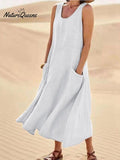 Women Sleeveless Sundress Elegant Round Neck Cotton Linen Solid Long Tank Casual Summer Dress