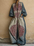 Women's Vintage Print V-neck 3/4-sleeve Cotton-linen Jumpsuit
