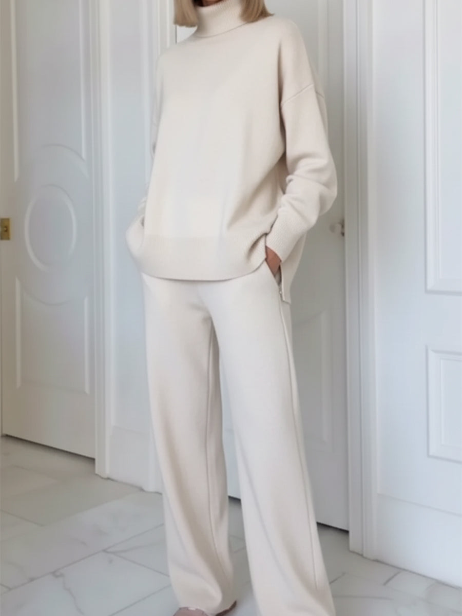 Casual Travel Stand Collar Side Zipper Top Straight Pants Two-Piece Set