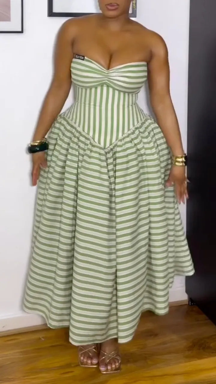 Green And White Striped Strapless Twist Bust High Waist Flared Midi Dressni Dress