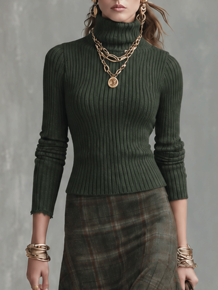 Plaid Midi Skirt & Knit Turtleneck Sweater Vest Two-Piece Set