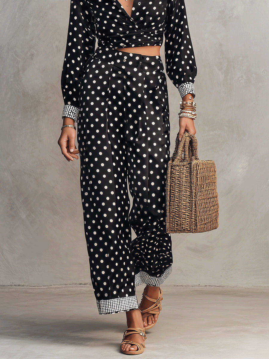 Polka Dot Print Long Sleeve Wrap Crop Top & Wide Leg Pants Two Piece Set