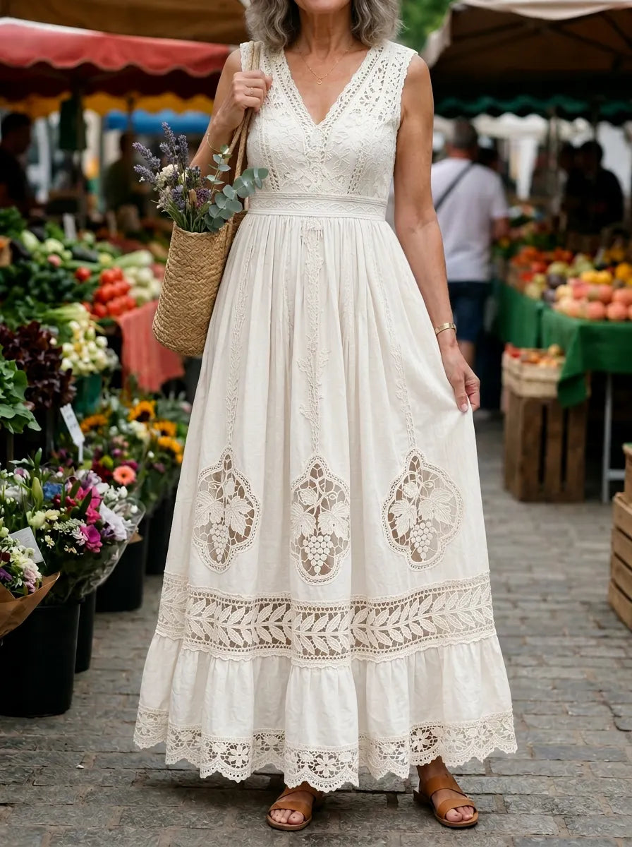 Women's Bohemian Floral Lace Cotton Linen Maxi Dress