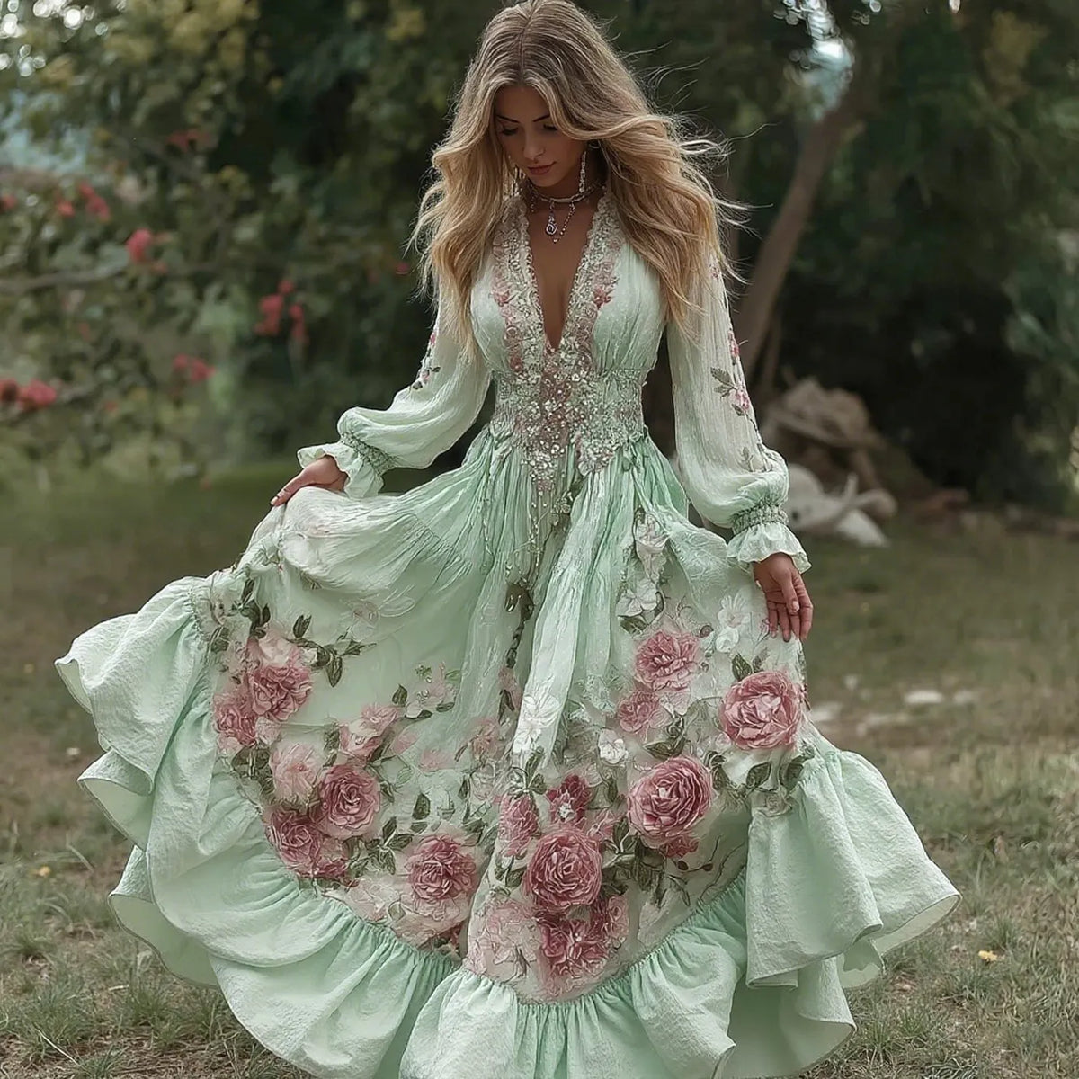 Women's Vintage Roses Embroidery Art V-neck Long Sleeves Maxi Dress
