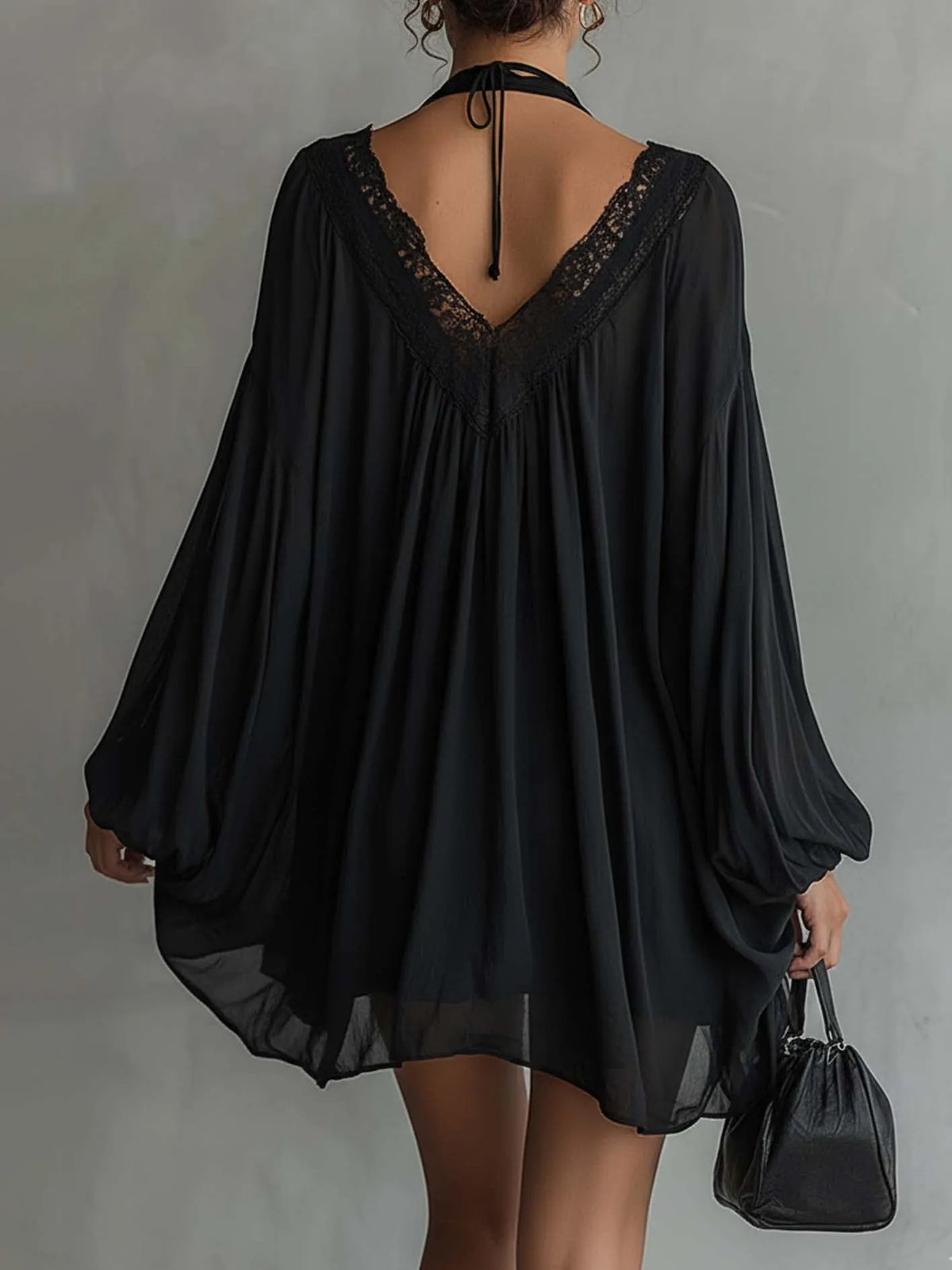 Black Chiffon Halter Mini Dress With Lace Neckline