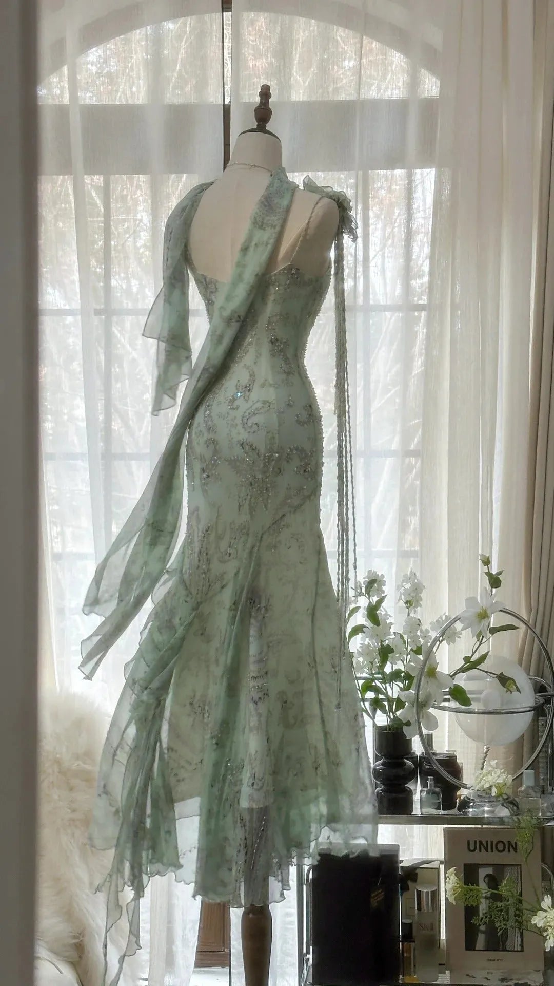 Mint Green Romantic Fashion Elegant Exquisite Beading Spaetti Straps Long Tulle Chiffon Ruffle Ball Gown Evening Dress Party Dress 4058