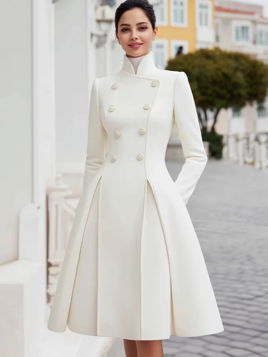Elegant Double-Breasted Flared A-Line Coat Dress