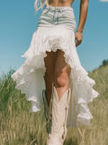 [24-hour shipping out]Romantic And Fashionable Short Front And Long Back Lace Patchwork Denim Skirt