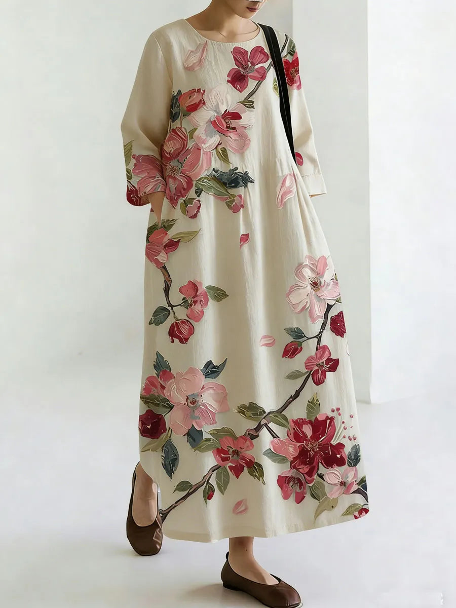 Vintage Boho Floral Design Women's Linen Maxi Dress