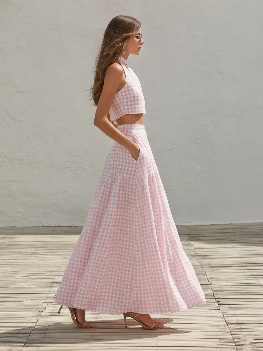 Cottagecore Vacation Style Pink Gingham Linen-Blend Halter Crop Top & Maxi Skirt Set