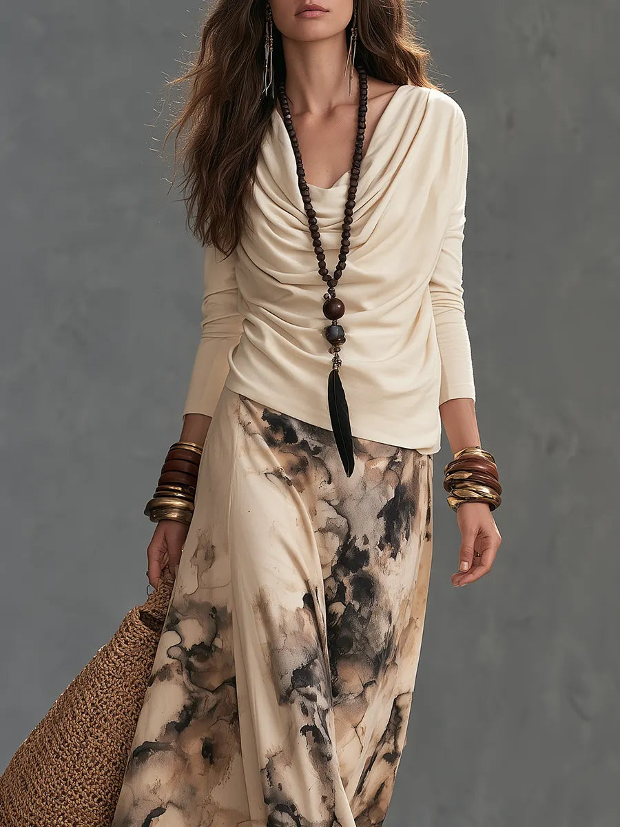 Elegant Bohemian Draped Top & Ink Print Maxi Skirt Set