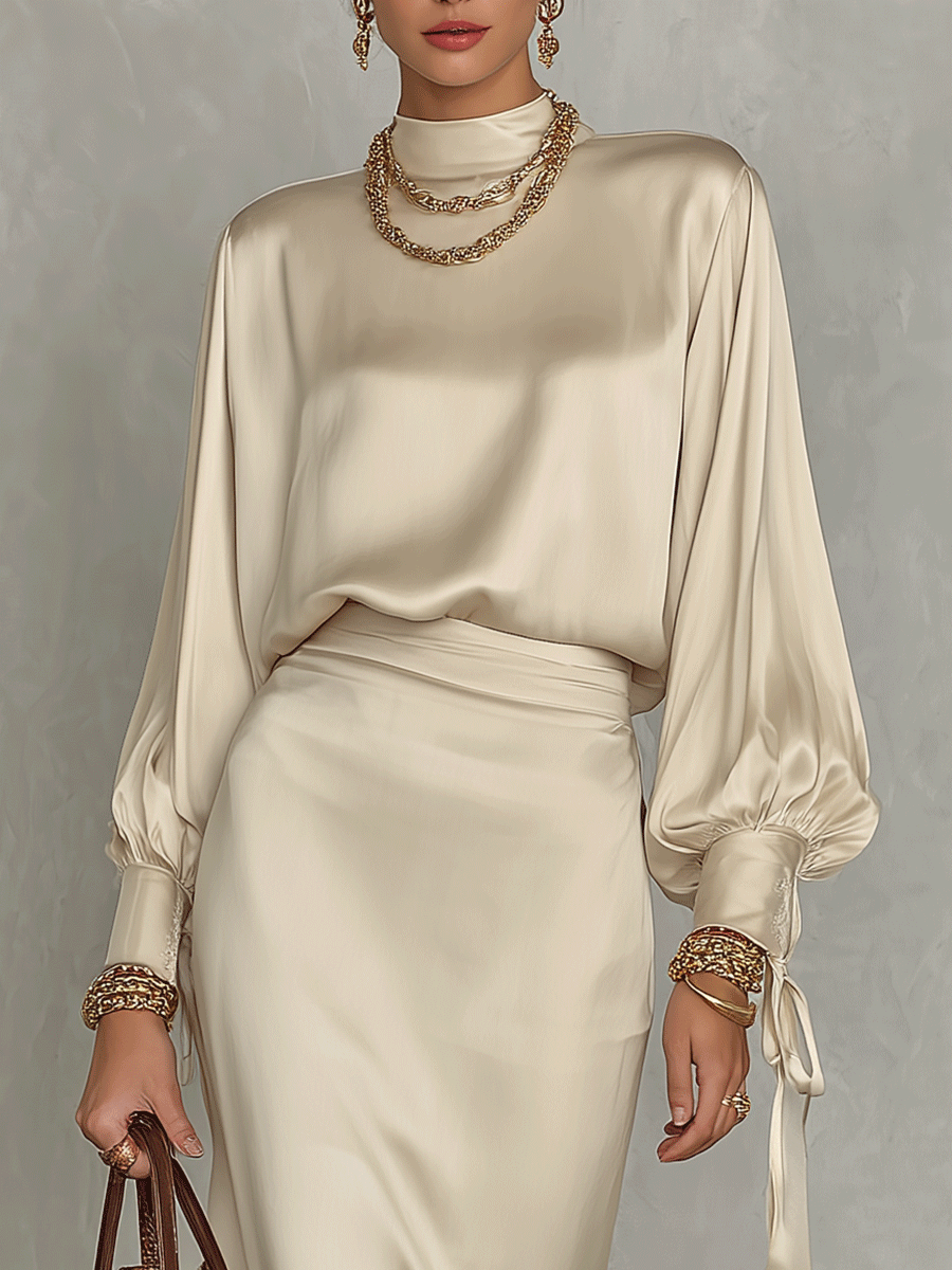 Satin Two-Piece Set Mock Neck Lantern Sleeve Blouse & High Waist Midi Skirt